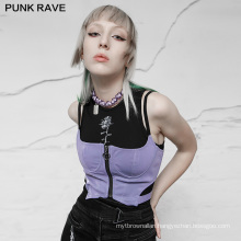 Punk style women tops spring clothes strap sleeveless hollow up metal zipper sexy PU top vest OPT-574DWF lady clothing PUNK RAVE